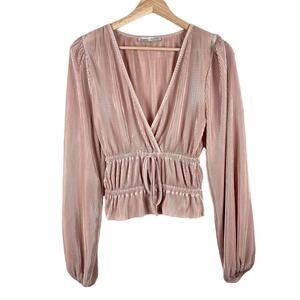 ASOS Pull & Bear Pastel Pink Plisse V-Neck Long Sleeve Top Size S Coquette Soft